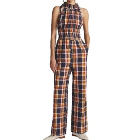 Kopal Anthropologie Plaid Jumpsuit Women's Ruffle Neck Career Casual Size Small - Picture 1 of 6